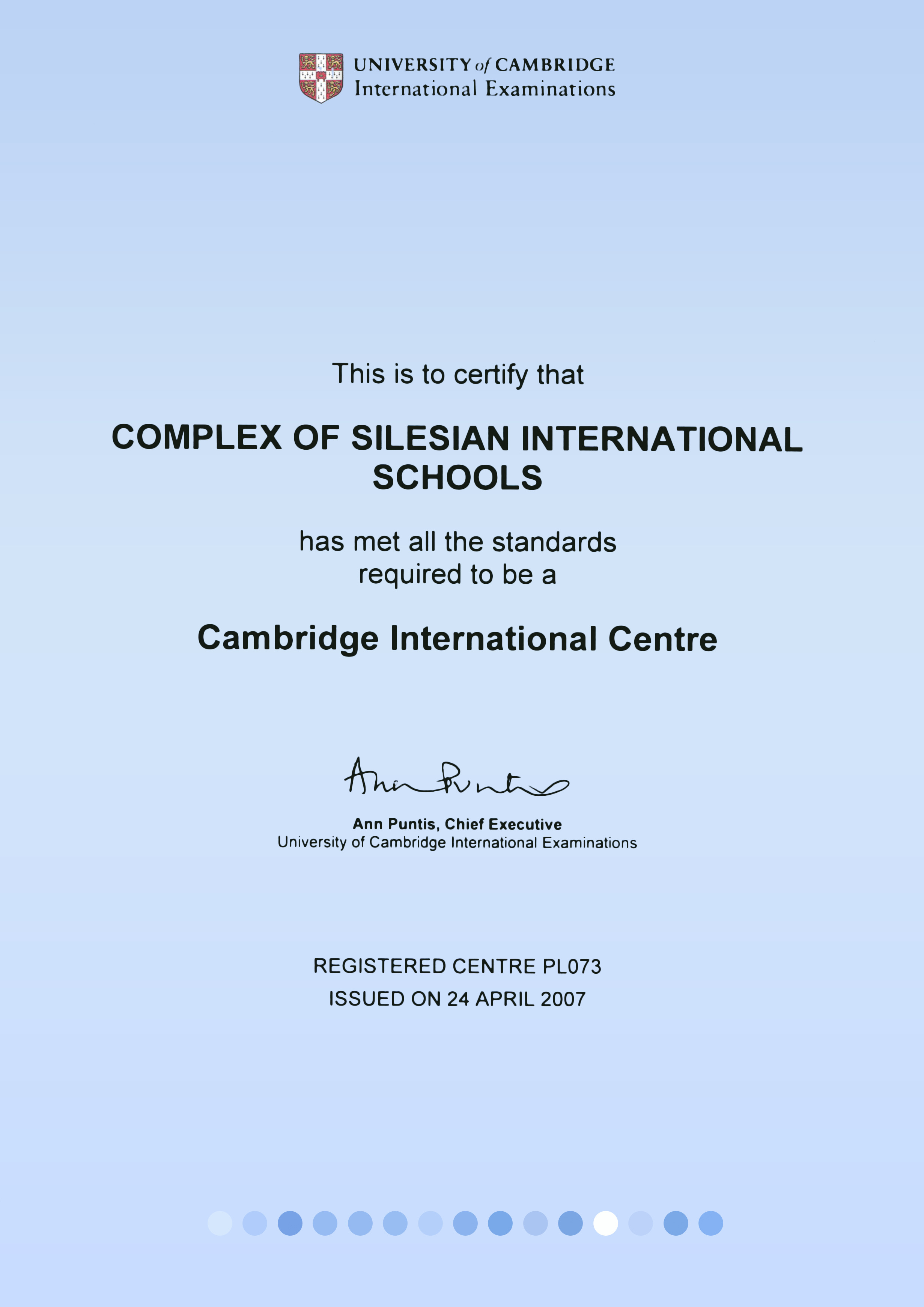 Certyfikat dla Complex of Silesian International School poświadczający, iż szkoła jest członkiem Cambridge International Primary Programme